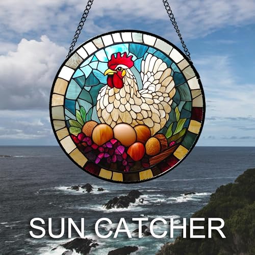 Farmhouse Hen Stained Glass Window Hanging Suncatcher Gifts for Women 6.3" (White / 6.3x6.3 IN)