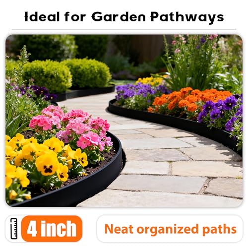 Landscape Edging 4 Inch Tall No Dig Garden Edging Border 33FT with 30 Metal Stakes (Black / 33FT Border)
