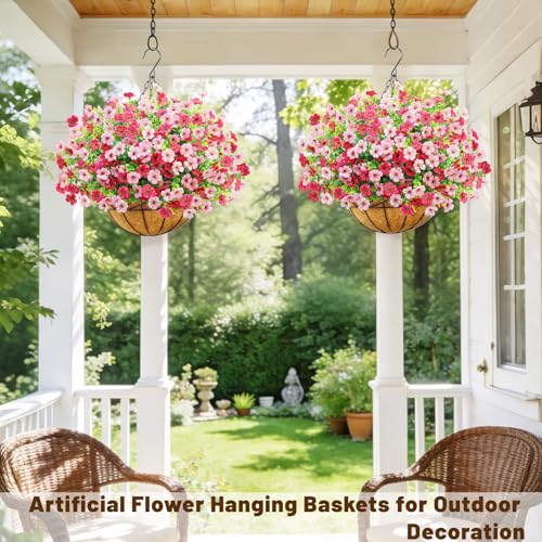 2 Set Artfiticial Hanging Flowers with Basket & Foam Outdoor (Pink Rose Red / 2 Pcs)