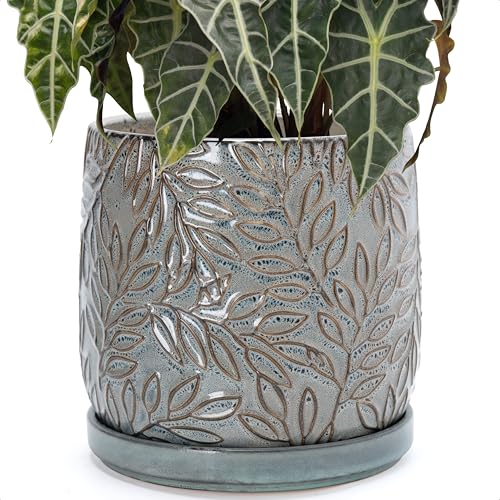 Embossed Leaves Ceramic Planter (10 Inch / Graphite Blue)