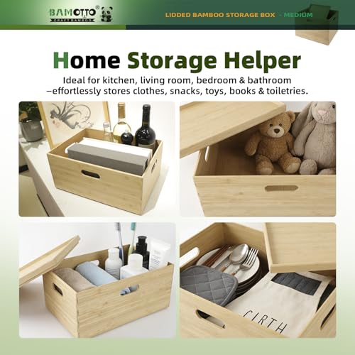 Stackable Bamboo Storage Bin with Lid 14.6"x10.2"x6.5" (Single Bamboo Box with Lid - Medium / 14.6"L x 10.2"W x 6.5"H)