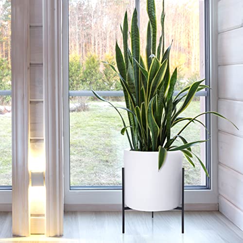 Cylinder Planter Pot with Metal Stand (X-Large 14 Inch / White)