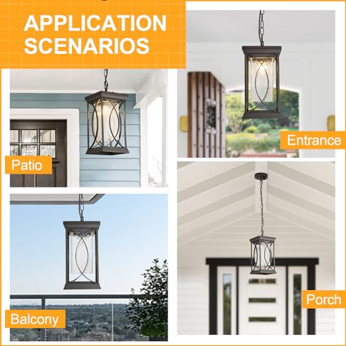 Motion Outdoor Pendant Light Fixtures Dusk to Dawn Exterior Ceiling Hanging Lantern for Porch (Black-L-PL)