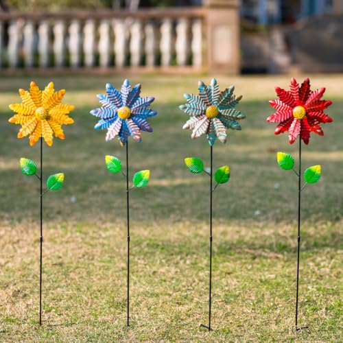 4 Packs Flowers Wind Spinners Outdoor (Flowers-vibrant)