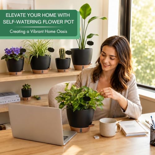 5-Pack 10/9/8/7/6.5Inch Self Watering Plant Pot for Inoor/ Ourdoor Plants (Black / 6.5/7/8/9/10 Inch)