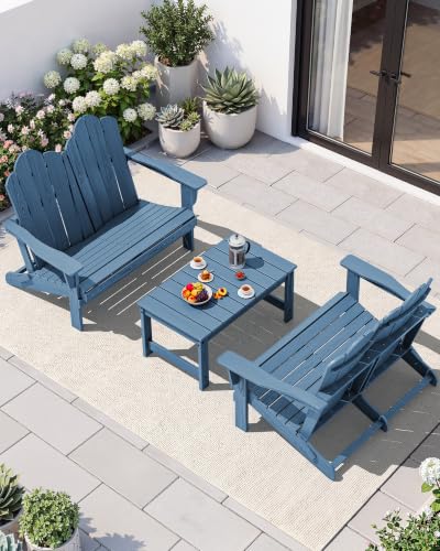 3 Piece Adirondack Bench Set (Navy / 2 bench & 1 coffee table)