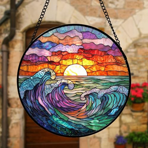 Clouds and Sea Waves Stained Glass Window Hanging Suncatcher Gifts 7.8"