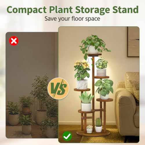 Wood Small Plant Stand Table Indoor Tall with Lights (Natural Brown with Light / 5 Tier)