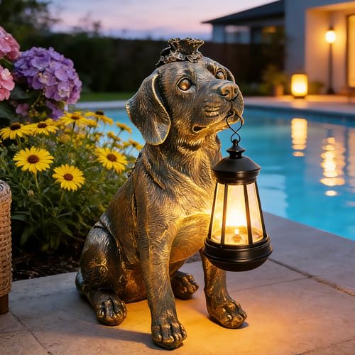 Garden Statue Dog Figurine Decor with Solar Lights 11in Outdoor Decoration (Bronze - Dog with Lantern)