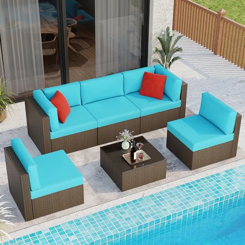 6 Pieces Patio Furniture Set Outdoor Couch Wicker Sectional Sofa (Blue / 6 pcs)