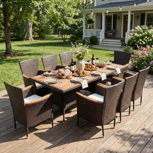 10 Pieces Ratton Patio Table and Chairs with Acacia Tabletop for Outdoor (Brown - Beige / 10-Pieces)