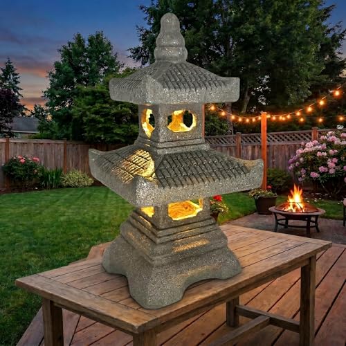 2 Tier Pagoda Garden Statue LED Solar Powered Light 18" Tall Outdoor Zen Garden Lantern Landscape Lawn Asian Pagoda Stupa Decor Grey Resin (18-Inch Pagoda Garden Statue)