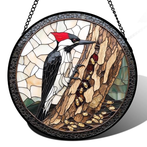 Woodpecker Tree Stained Glass Window Hanging Suncatcher Gifts for Mom 15" (Black White and Red / 15x15 IN)