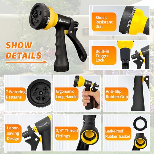 Garden-Hose-Nozzle, 2 Pack ABS Water Spray Nozzle with Heavy Duty 7 Adjustable Watering Patterns,Slip Resistant for Watering Plants,Lawn& Garden,Washing Cars,Cleaning,Showering Pets - Yellow (Yellow)
