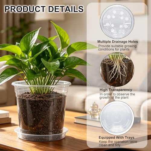 4/5/6/7 Inch 20 Pack Clear Plastic Nursery Pots with Drainage and Saucer (4/5/6/7inch 20pack)