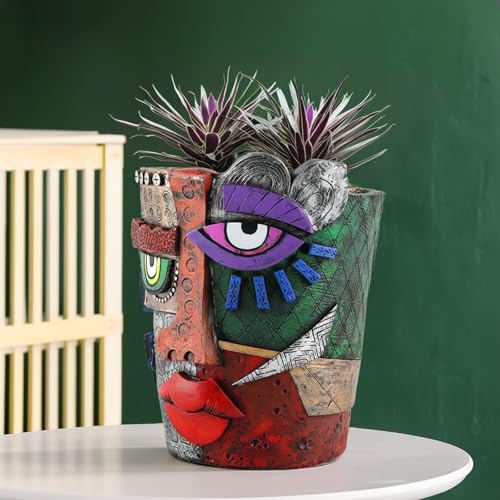 Abstract Face Head Planter Picasso Colorful Art Resin Flower Pot