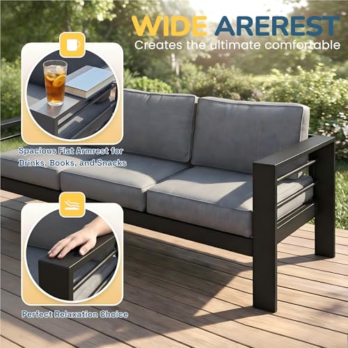 Aluminum Patio Furniture Set for All Weather (Black and Light Gray / 2 Armchair+Loveseat+3-Seat Sofa+Wood Top Table)