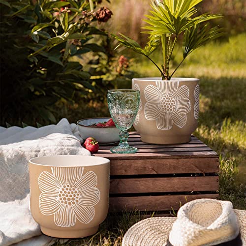 Ceramic Plant Pots (8+6 Inch / Modern Tan Floral)