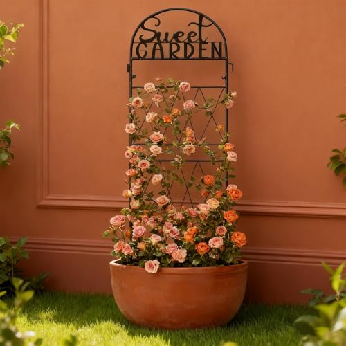 1PC Metal Garden Trellis 45 * 14 inch for Climbing Plants Flowers Outdoor (Black Words/SWEET)