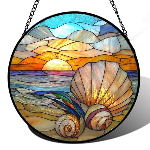 Ocean Stained Glass Window Hanging Suncatcher Beach Gifts for Women 6.3" (Colorful / 6.3x6.3 IN)