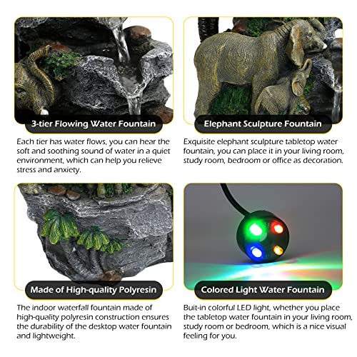 Elephant Fountain Tabletop Waterfall Fountain Indoor with LED (Sytle 8)