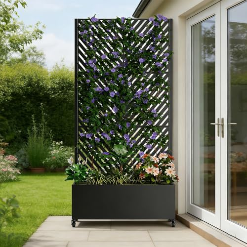 Metal Planter Box with Trellis and Wheels (Black / Rectangular E)