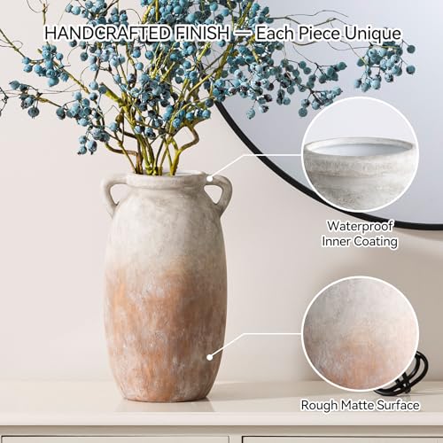 Ceramic Flower Vase 12 inch Farmhouse Rustic Vase Decorative Pottery Terracotta Tall Vases for Home Decor Table Mantle Fireplace Living Room Bathroom Wedding Centerpiece (L-aged Terra)