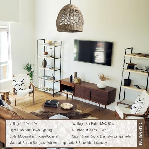 19.7in Boho Rattan Chandelier 3 (3-Light 19.7 inch)