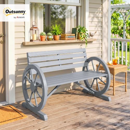 41" Wooden Outdoor Bench Rustic Wagon Wheel Light Gray