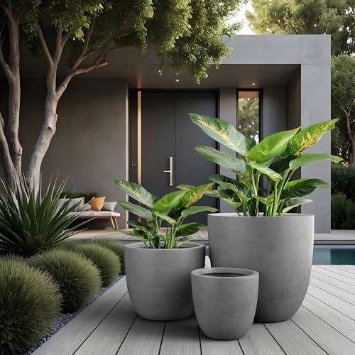 3 Pack 18" 14" 10" W Round Pale Gray Concrete Planters (Gray / Set of 3: 10/14/18-Inch Dia)