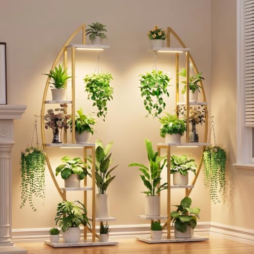 Plant Stand Indoor with Grow Lights (Faux Marble White + Gold)
