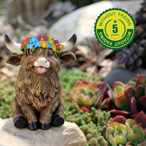 Highland Cow Garden Statues Set of 3 Resin Funny Outdoor Patio Lawn Decor (Dark Brown)
