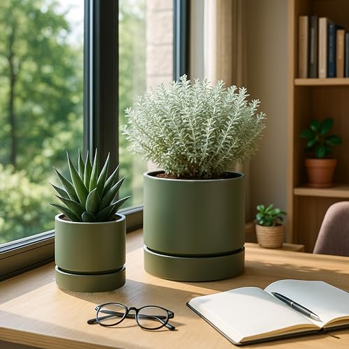 6 Inch Planter Pot with Drainage Hole & Saucer (6" (3 Pack) / Olive)