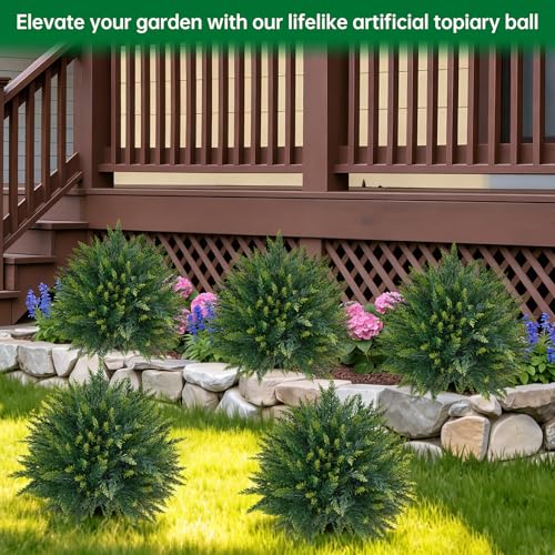 Artificial 2 Pack Cedar Topiary Trees with Ground Spike for Porch Decor (Cedar Ball)