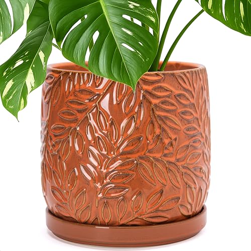 Embossed Leaves Ceramic Planter (10 Inch / Pumpkin)