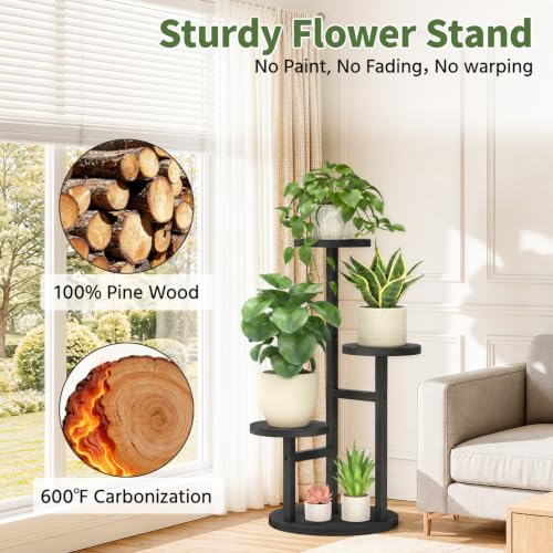 Wood Small Plant Stand Table Tall for Indoor Corner (Standard Black / 3 Tier)