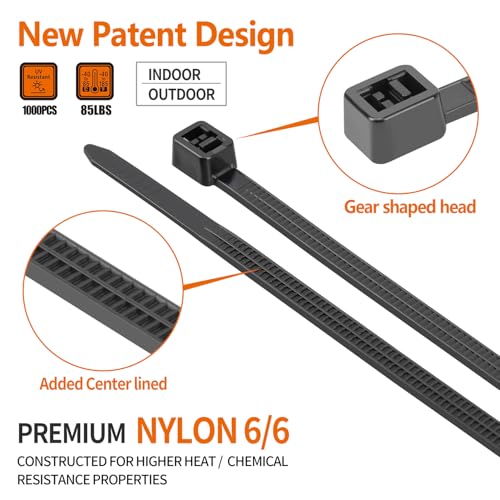 14 inch Black Zip Ties Heavy Duty 1000 Pack Cable Ties 85 LBS (1000 Count)