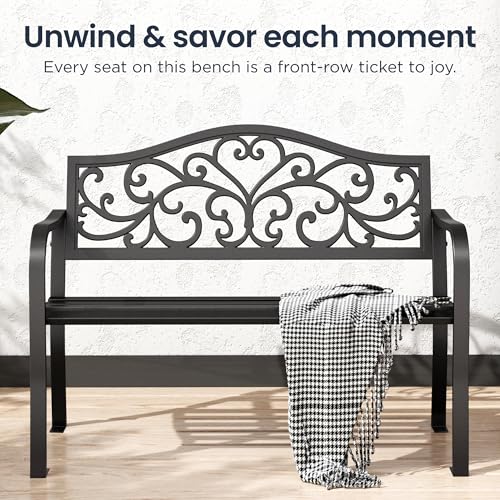 43 Inches Cast Iron Steel Frame Outdoor Garden Bench (Black-floral Back)