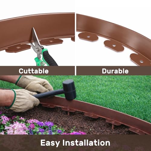 Garden Edging 49FT Landscape Edging Kit 3 Inch Height Plastic Garden Border No Dig Lawn Border for Yard Flower Bed with 30 Stakes (Brown / 3in X 49FT)