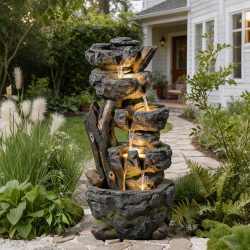 47.2" Tall Outdoor Water Fountain Large Waterfall Fountain (47.2’’H / 47.2’’h-stump&stone)