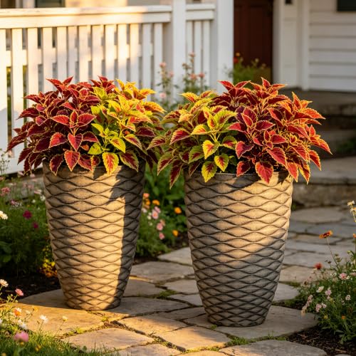 2 Pack 19" Rustic Black Resin Tall Planters with Wave Texture (19"h-rustic Black Wavy)