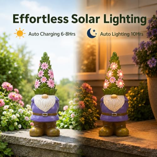 Solar Garden Gnome Statue (Flower Hat Gnome)