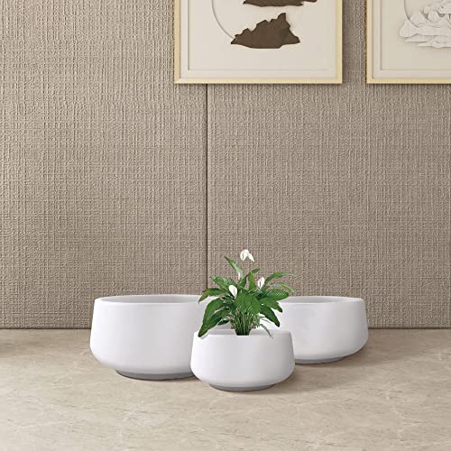 Set of 3 White Concrete Shallow Planters 21.6" 16.9" 12.5" Dia (Pure White / 21.6",16.9",and 12.5" Dia)