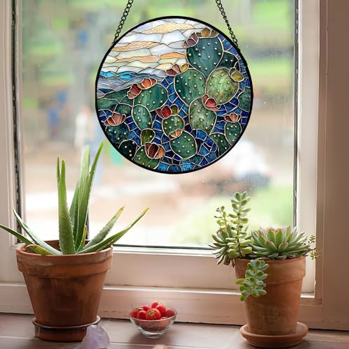 Cactus Stained Glass Window Hanging Suncatcher Gifts for Women 6.3" (6.3x6.3 IN)