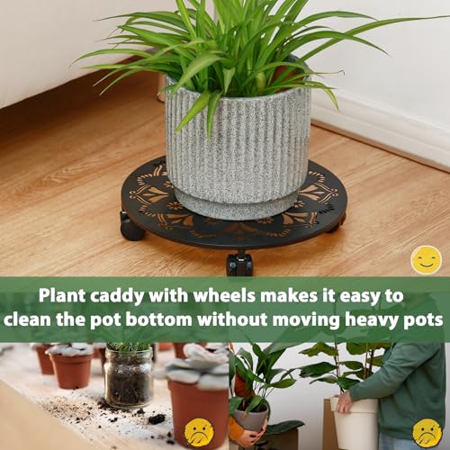 5 Pack Rolling Plant Caddy with Wheels 14 Inch Plant Rollers with Wheels Metal Plant Caddy with Wheels Heavy Duty Plant Stand for Large Plants Matte Black Rolling Planter Base 4 Wheels for Planters (14 inch)
