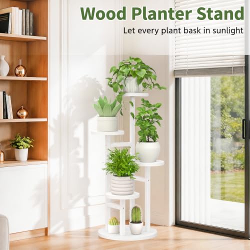 Wood Small Plant Stand Table Tall for Indoor Corner (Pure White / 4 Tier)