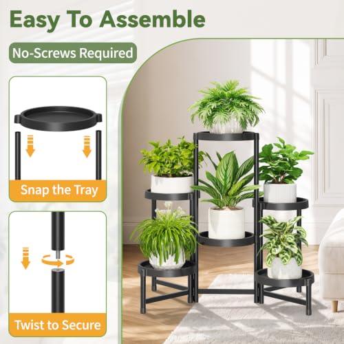 Plant Stand Indoor Outdoor with Large 10 Inch Plastic Tray (Standard Black with Large Tray / 6 Tier)