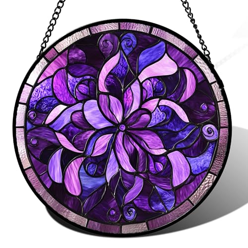 Purple Abstract Flower Stained Glass Window Hanging Suncatcher Gifts 9.8" (Dark Purple / 9.8x9.8 IN)