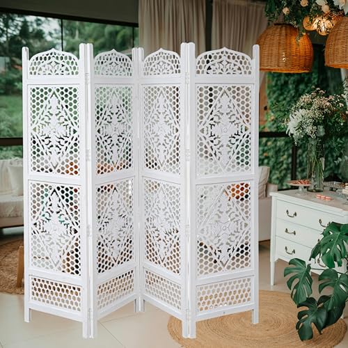 Room Divider Wooden Foldable Hand Carved Screens Panel_80" Wx72 H_4Panel (Antique White / 80"W x 72"H - Minar)