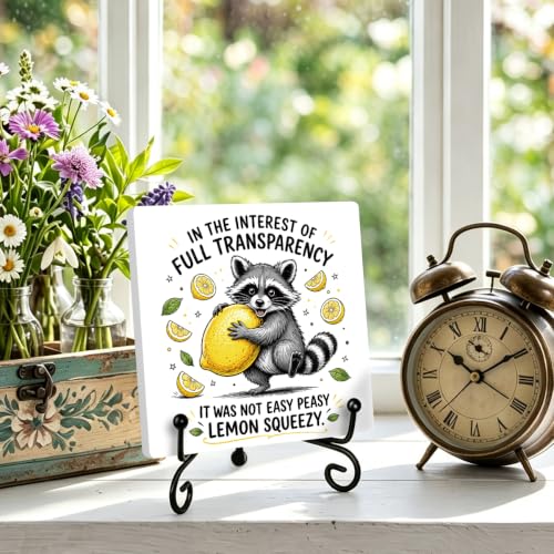 Funny Raccoon Wooden Plaque for Home Office Book Shelf Table Decor 01 (Multicolor 1742 / Wooden sign with iron frame（6.3 x 6.3 inches）)